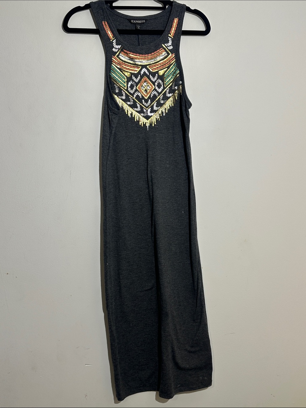 Express Black Sleeveless Beaded Tank Jumpsuit with Multicolor Embroidery